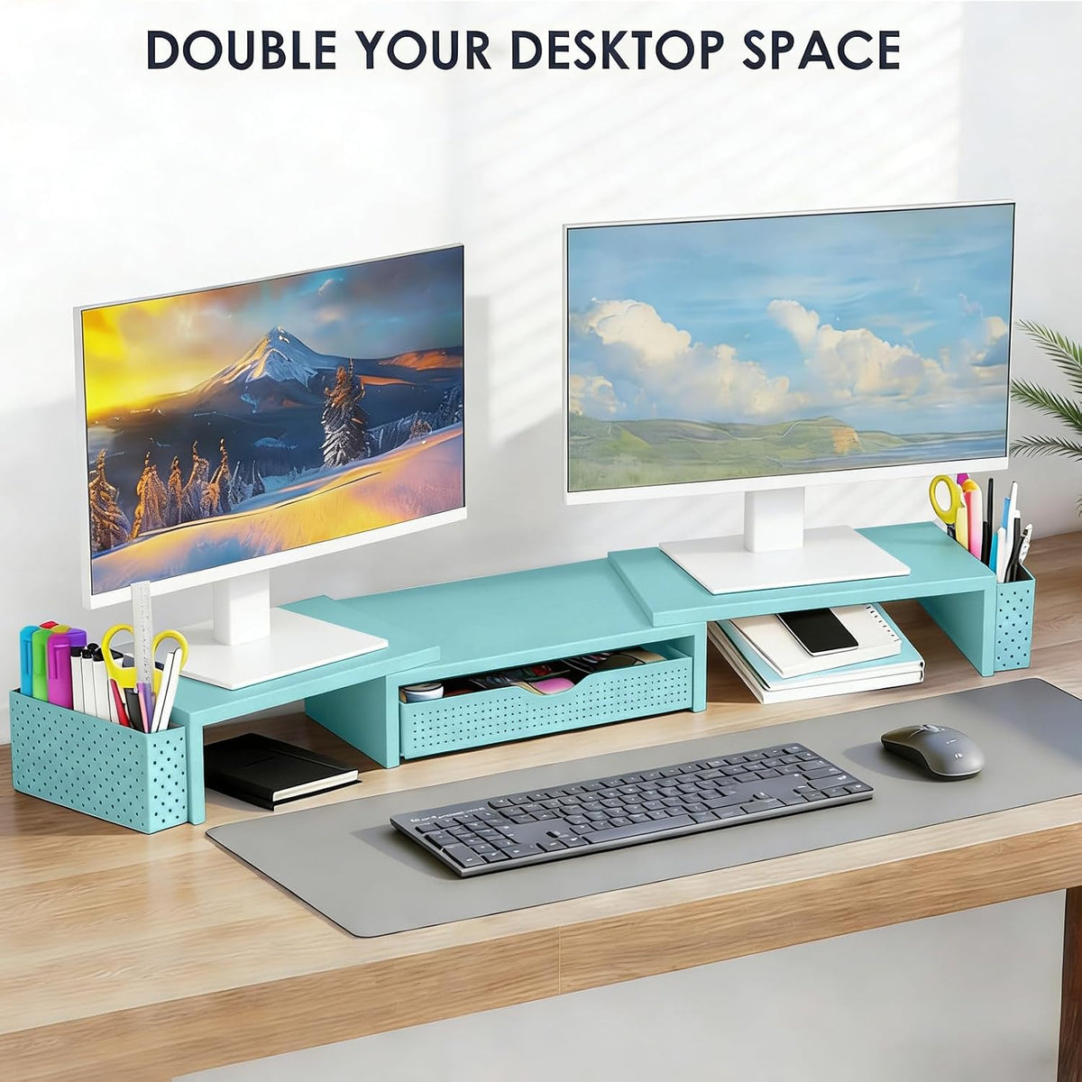 Dual Monitor Stand Riser with Drawer and 2 Pen Holders