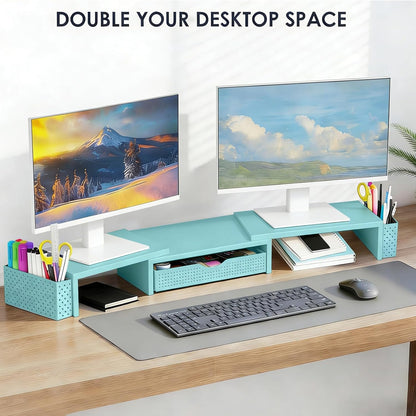 Dual Monitor Stand Riser with Drawer and 2 Pen Holders