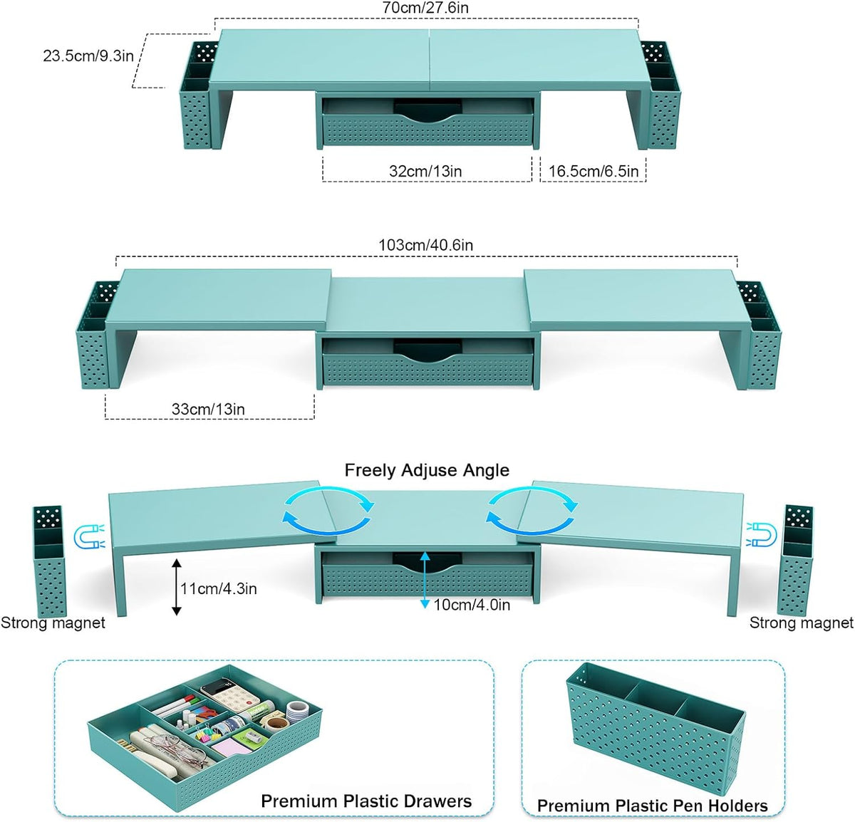 Dual Monitor Stand Riser with Drawer and 2 Pen Holders