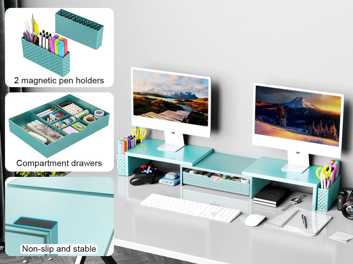 Dual Monitor Stand Riser with Drawer and 2 Pen Holders