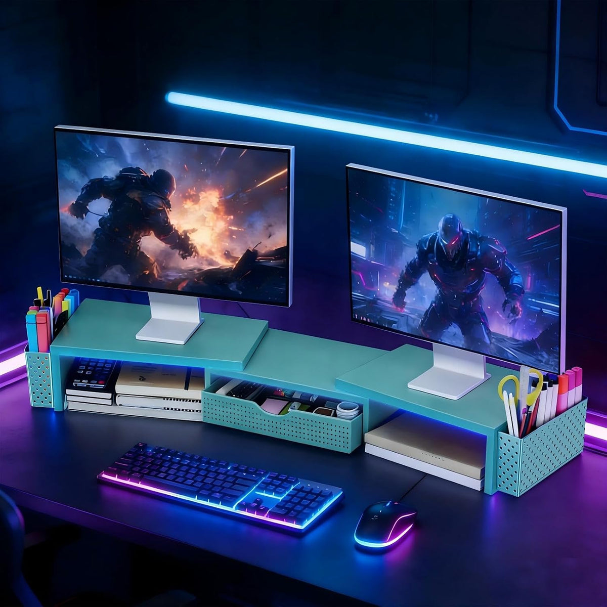 Dual Monitor Stand Riser with Drawer and 2 Pen Holders