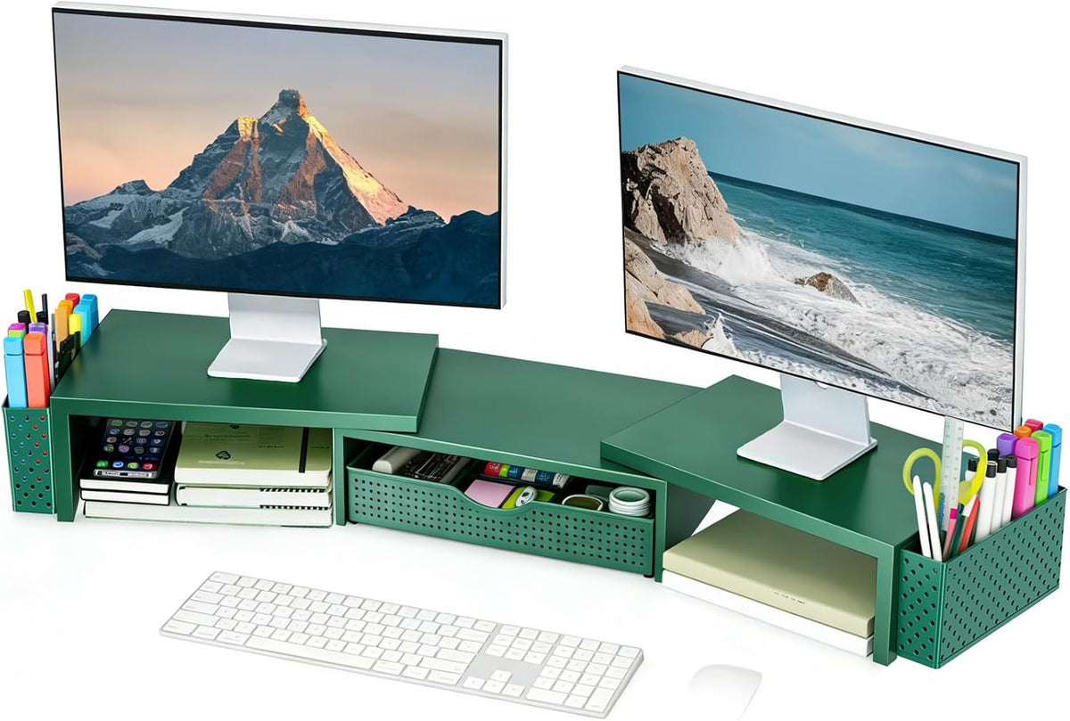 Dual Monitor Stand Riser with Drawer and 2 Pen Holders