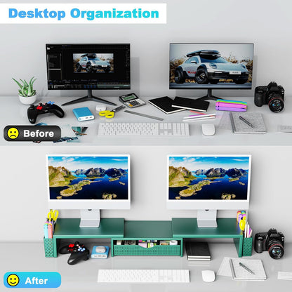 Dual Monitor Stand Riser with Drawer and 2 Pen Holders