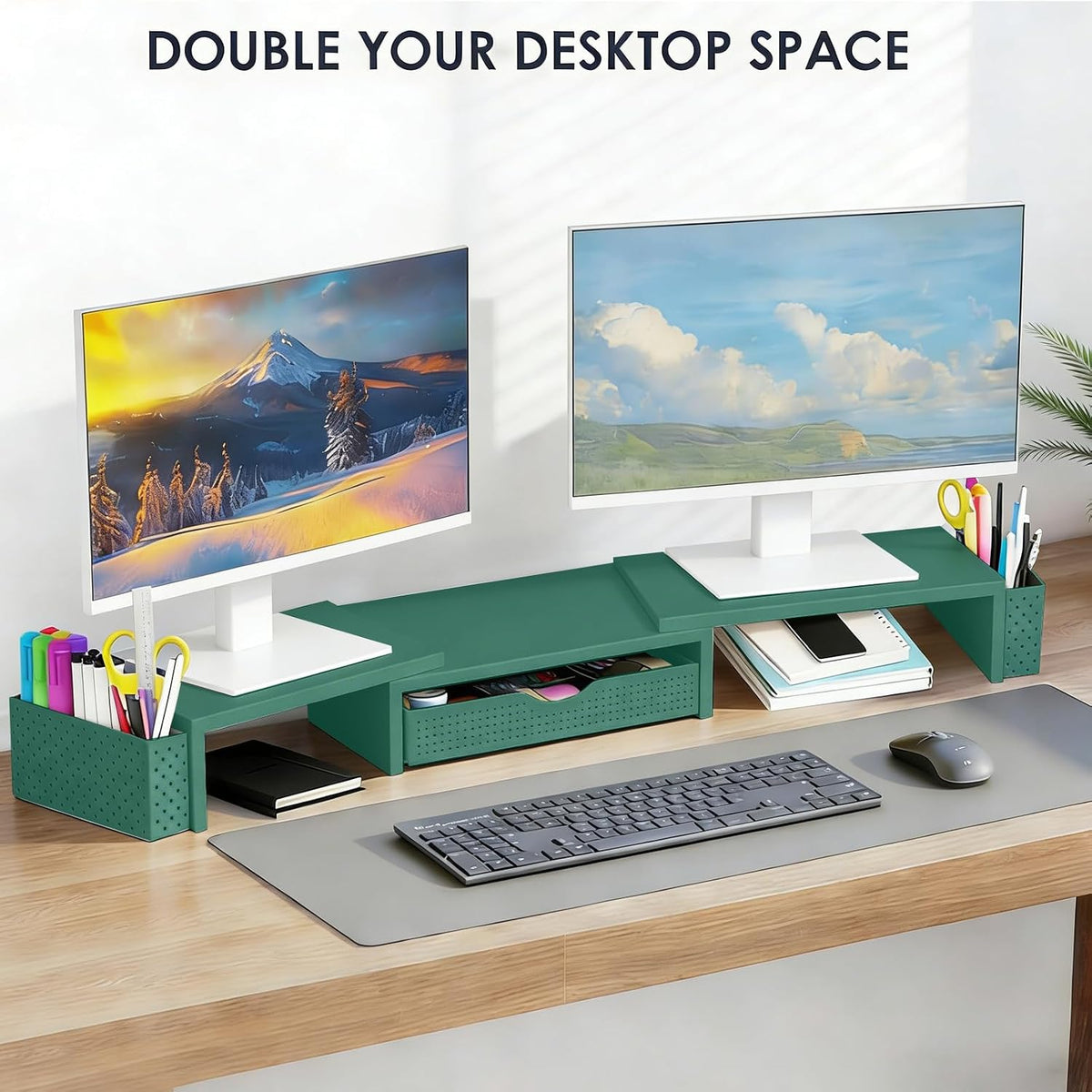 Dual Monitor Stand Riser with Drawer and 2 Pen Holders