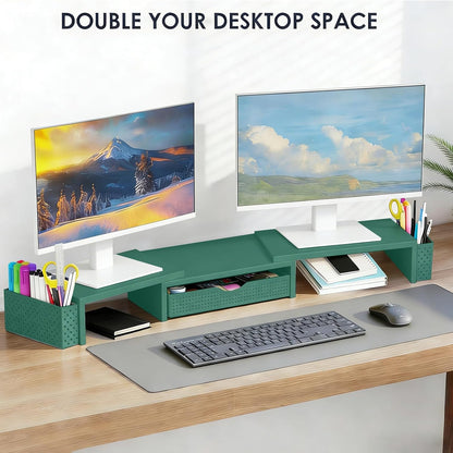 Dual Monitor Stand Riser with Drawer and 2 Pen Holders