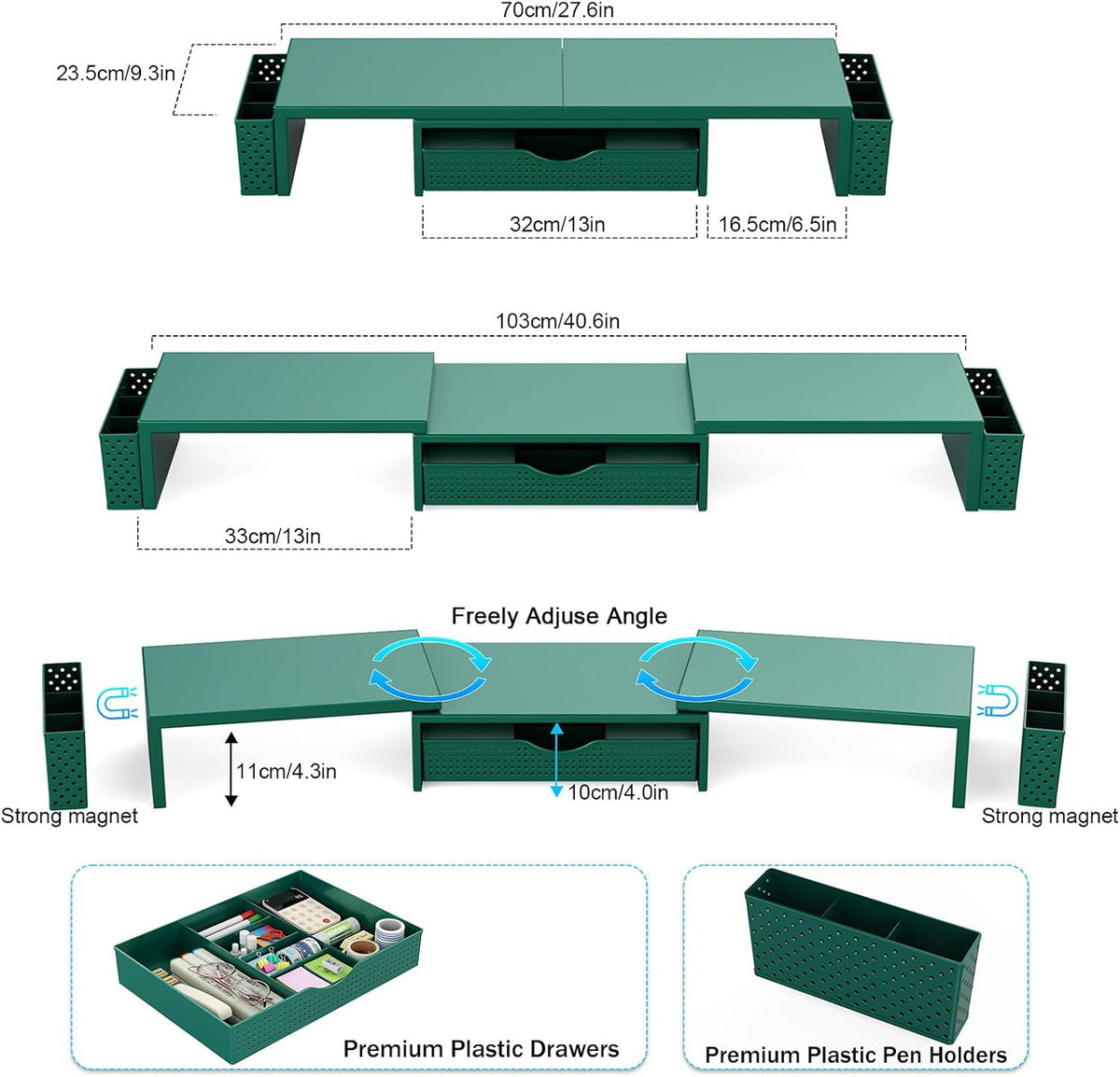 Dual Monitor Stand Riser with Drawer and 2 Pen Holders