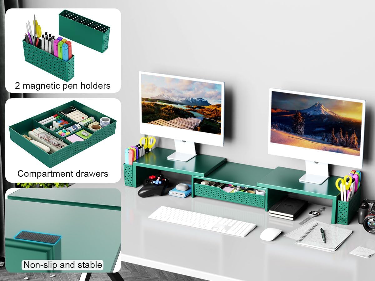 Dual Monitor Stand Riser with Drawer and 2 Pen Holders