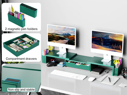 Dual Monitor Stand Riser with Drawer and 2 Pen Holders