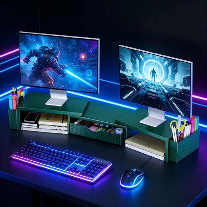 Dual Monitor Stand Riser with Drawer and 2 Pen Holders