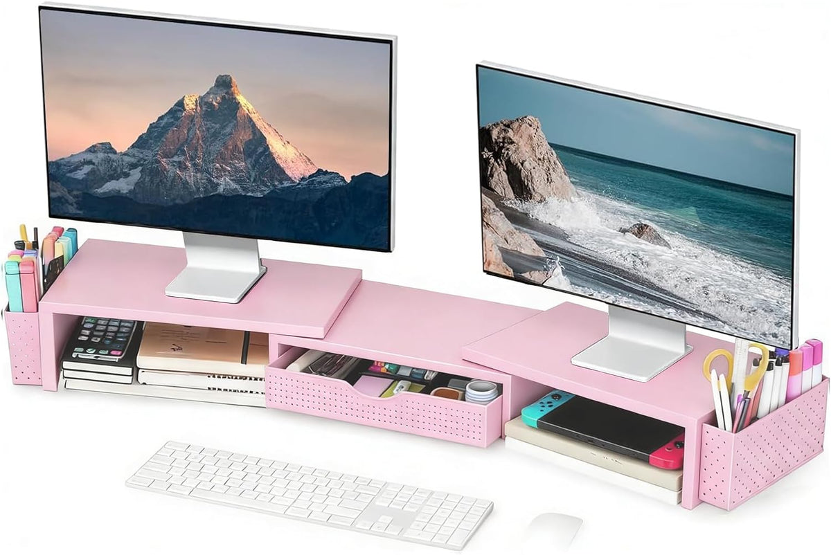 Dual Monitor Stand Riser with Drawer and 2 Pen Holders