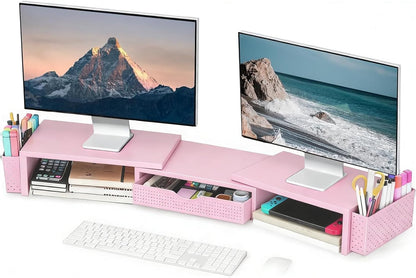 Dual Monitor Stand Riser with Drawer and 2 Pen Holders