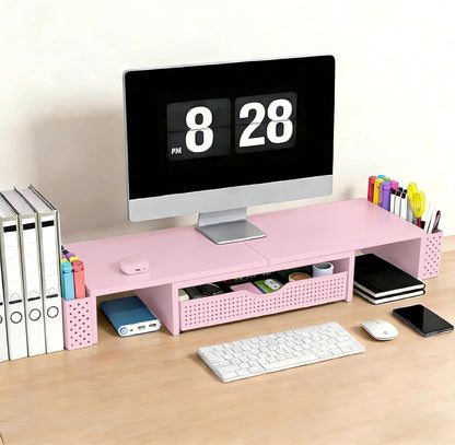 Dual Monitor Stand Riser with Drawer and 2 Pen Holders