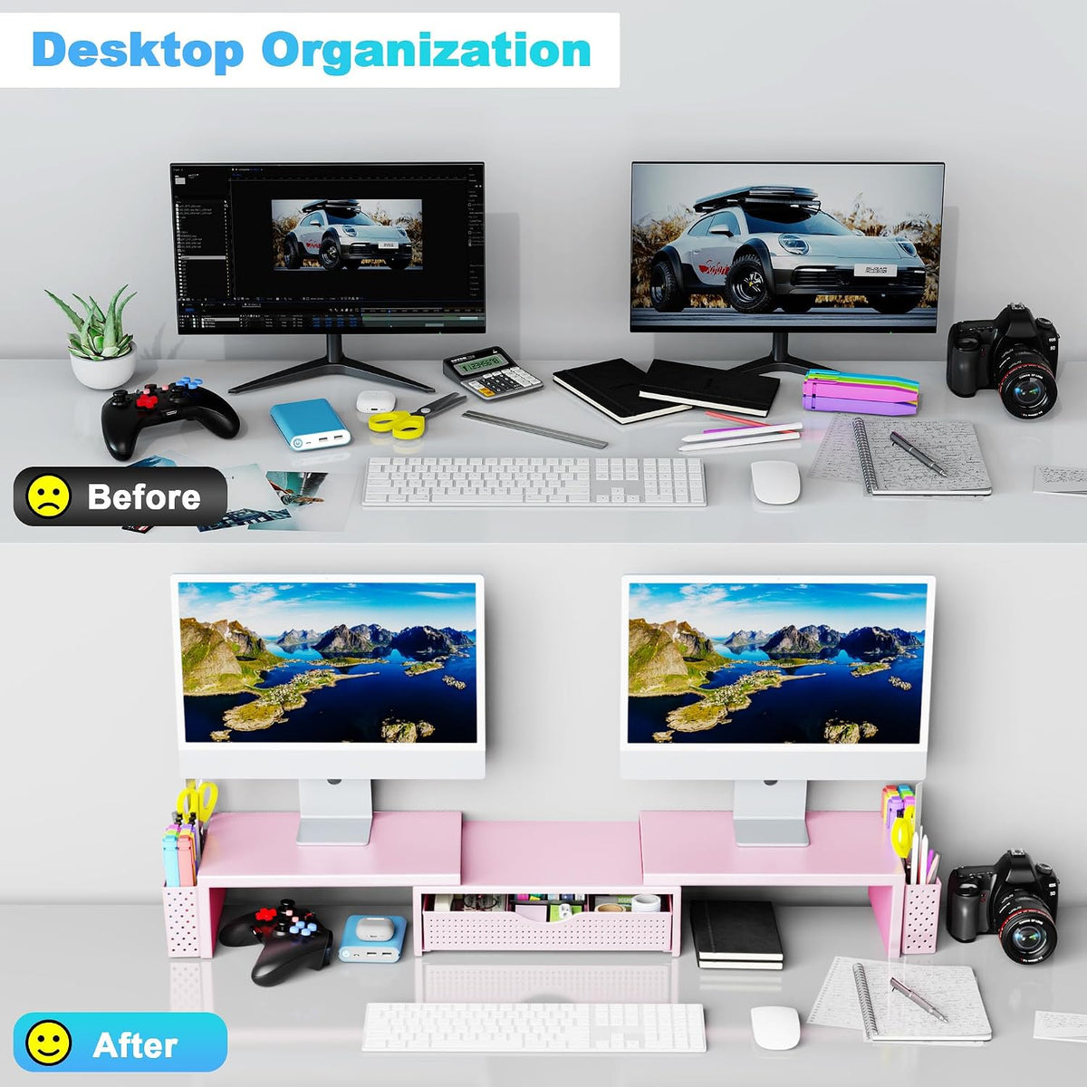 Dual Monitor Stand Riser with Drawer and 2 Pen Holders