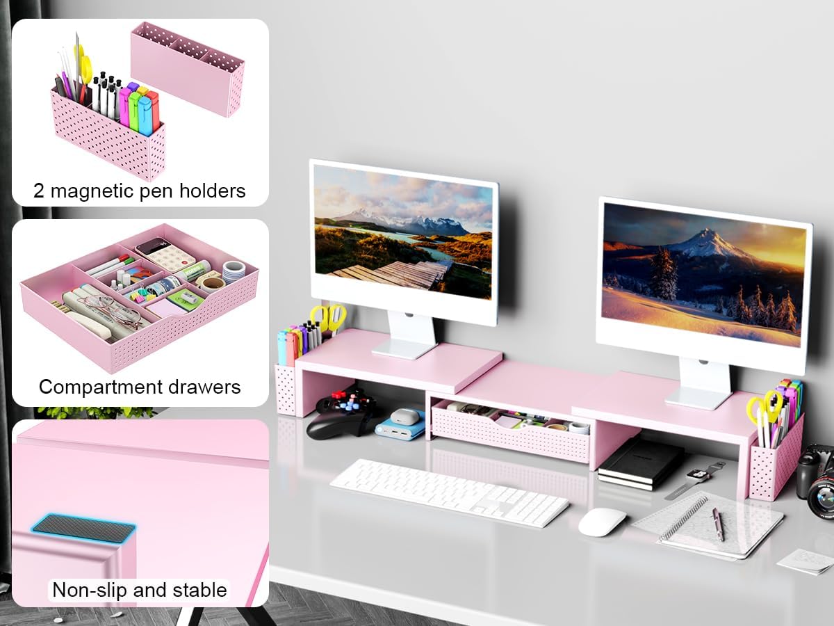 Dual Monitor Stand Riser with Drawer and 2 Pen Holders