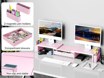 Dual Monitor Stand Riser with Drawer and 2 Pen Holders