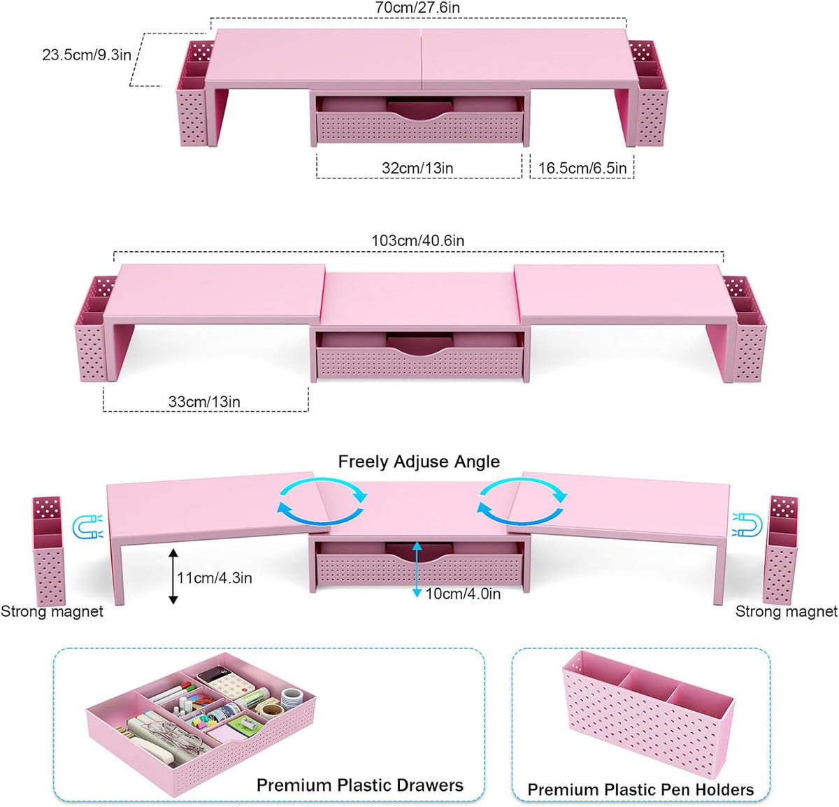 Dual Monitor Stand Riser with Drawer and 2 Pen Holders