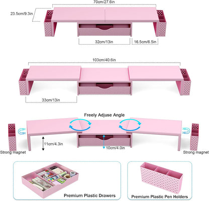Dual Monitor Stand Riser with Drawer and 2 Pen Holders