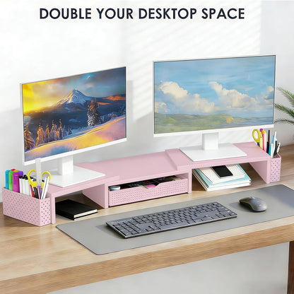 Dual Monitor Stand Riser with Drawer and 2 Pen Holders