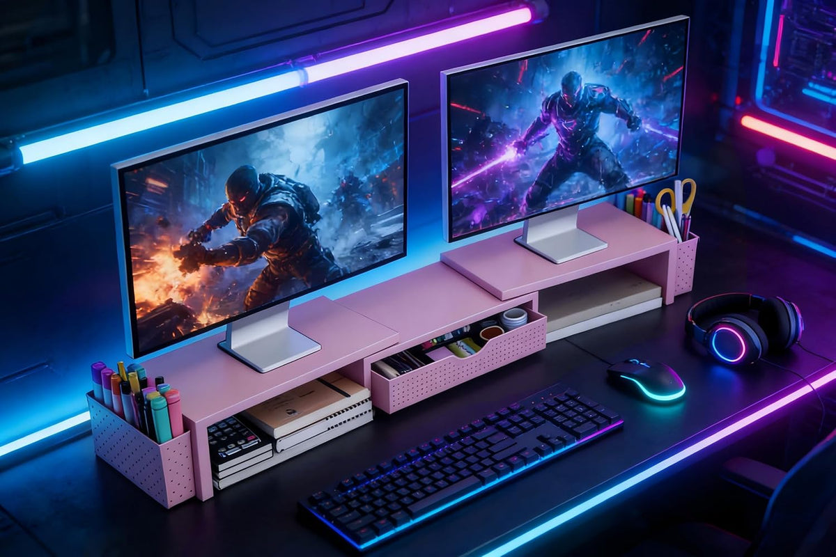 Dual Monitor Stand Riser with Drawer and 2 Pen Holders