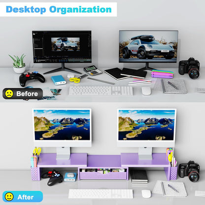 Dual Monitor Stand Riser with Drawer and 2 Pen Holders