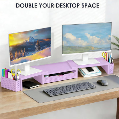 Dual Monitor Stand Riser with Drawer and 2 Pen Holders