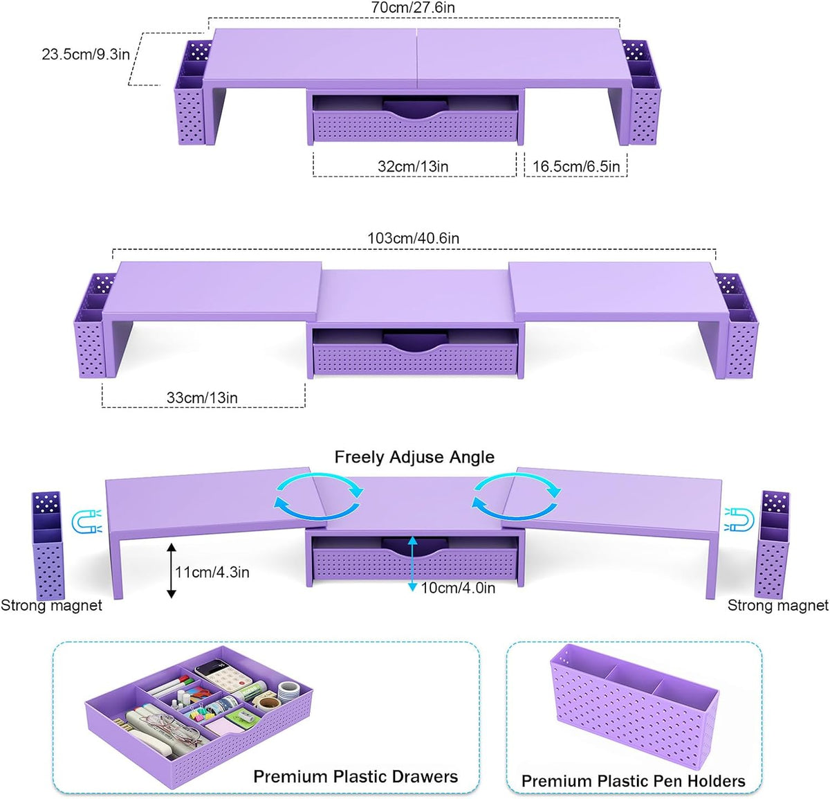 Dual Monitor Stand Riser with Drawer and 2 Pen Holders