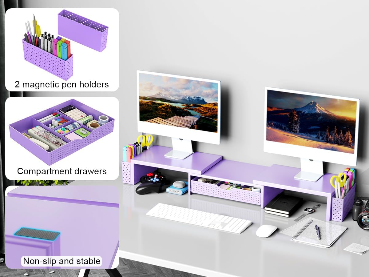Dual Monitor Stand Riser with Drawer and 2 Pen Holders