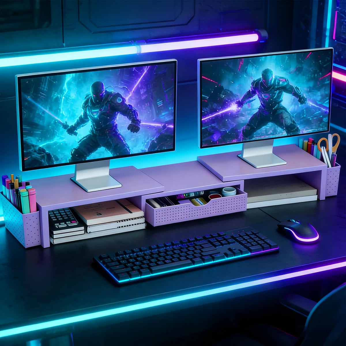 Dual Monitor Stand Riser with Drawer and 2 Pen Holders