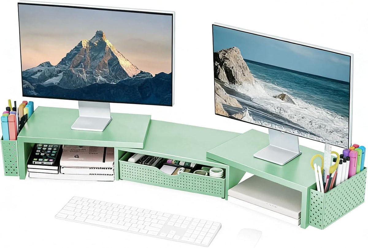 Dual Monitor Stand Riser with Drawer and 2 Pen Holders