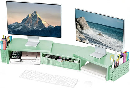 Dual Monitor Stand Riser with Drawer and 2 Pen Holders