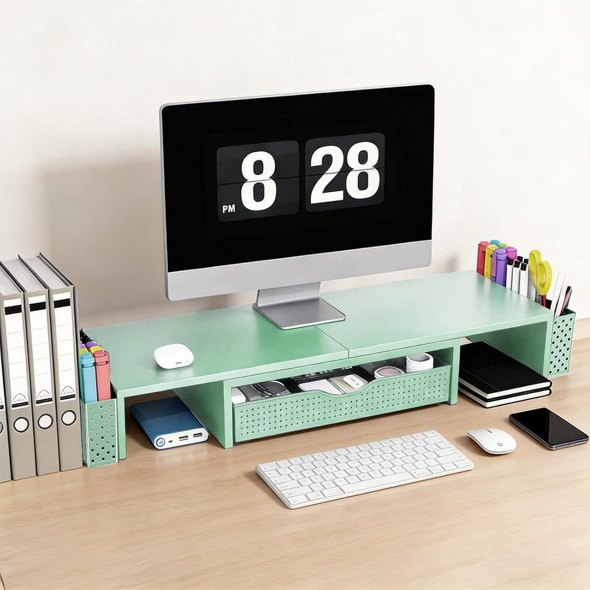 Dual Monitor Stand Riser with Drawer and 2 Pen Holders