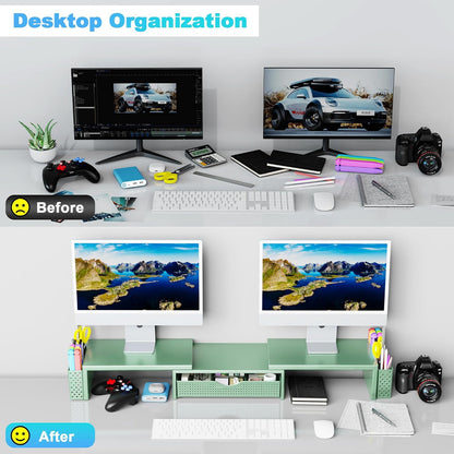 Dual Monitor Stand Riser with Drawer and 2 Pen Holders