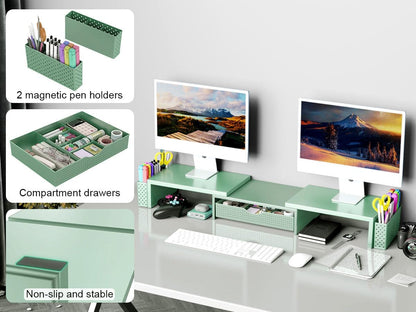 Dual Monitor Stand Riser with Drawer and 2 Pen Holders
