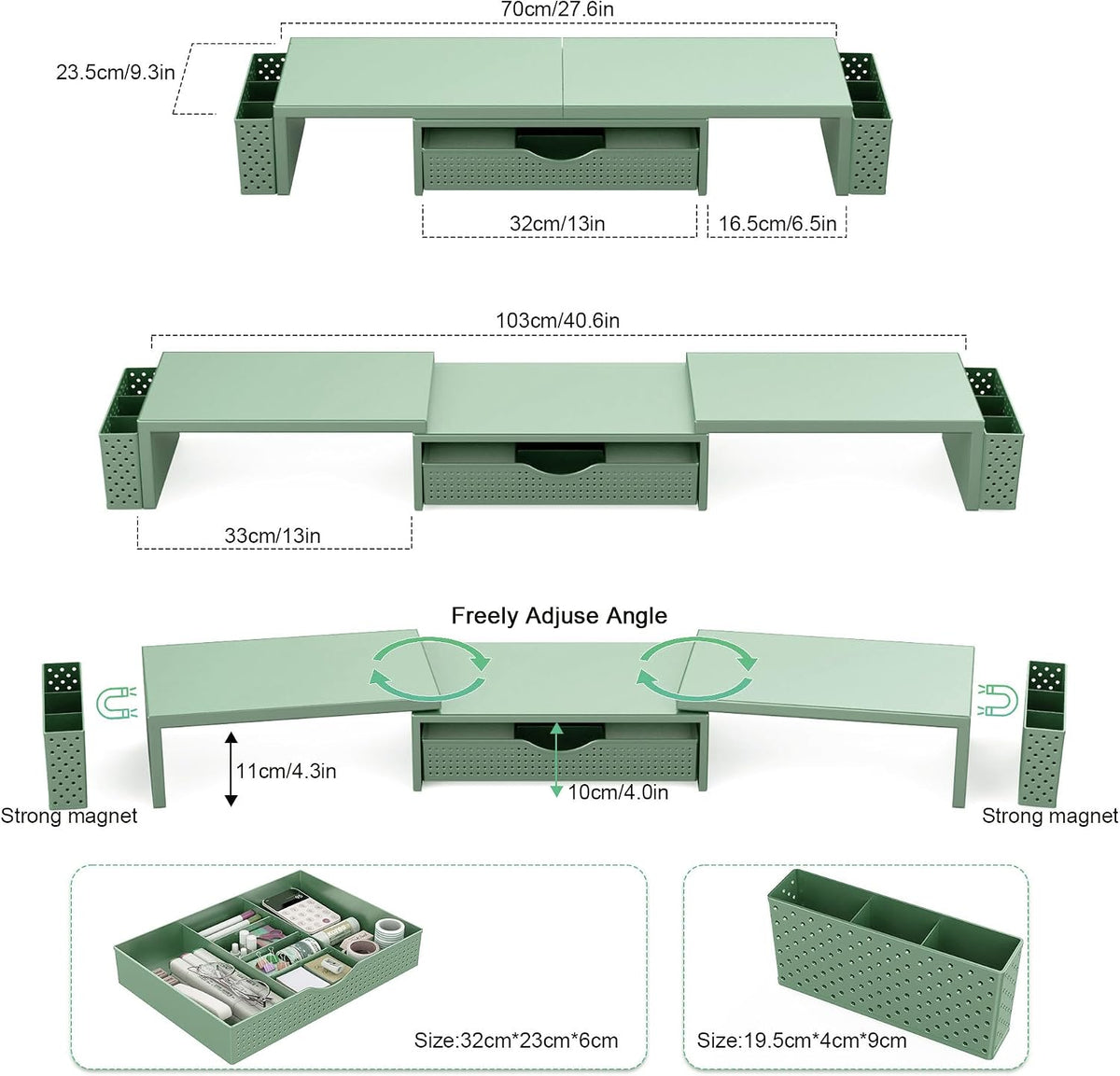 Dual Monitor Stand Riser with Drawer and 2 Pen Holders