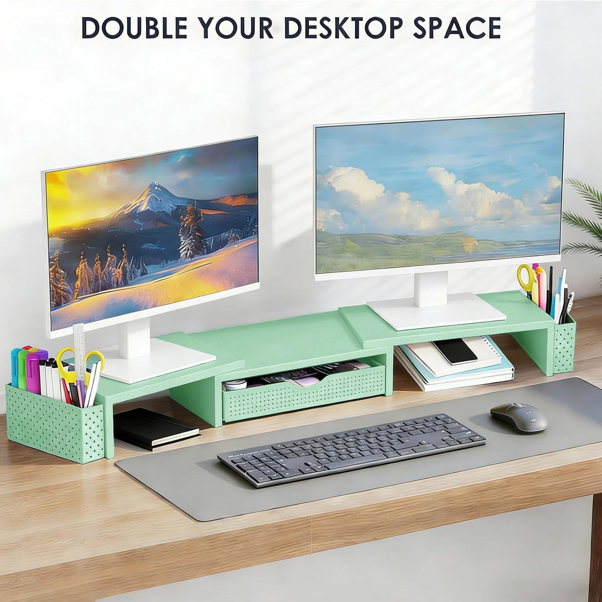 Dual Monitor Stand Riser with Drawer and 2 Pen Holders