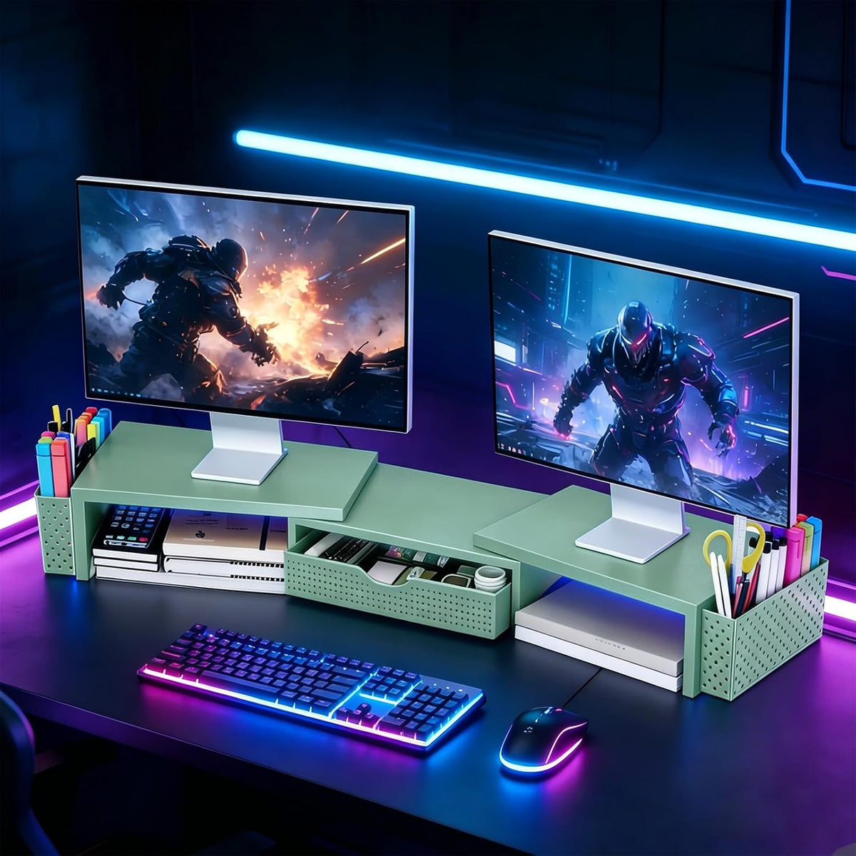 Dual Monitor Stand Riser with Drawer and 2 Pen Holders