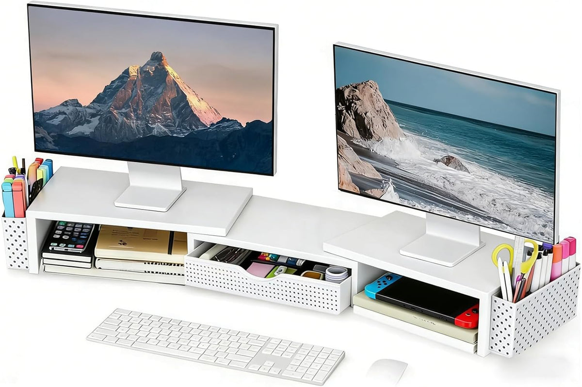 Dual Monitor Stand Riser with Drawer and 2 Pen Holders