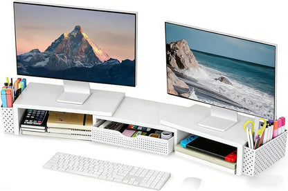 Dual Monitor Stand Riser with Drawer and 2 Pen Holders