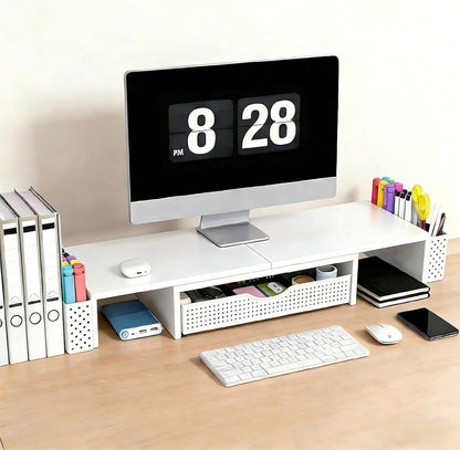 Dual Monitor Stand Riser with Drawer and 2 Pen Holders