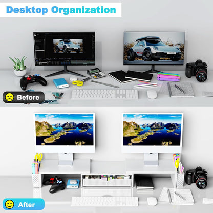 Dual Monitor Stand Riser with Drawer and 2 Pen Holders