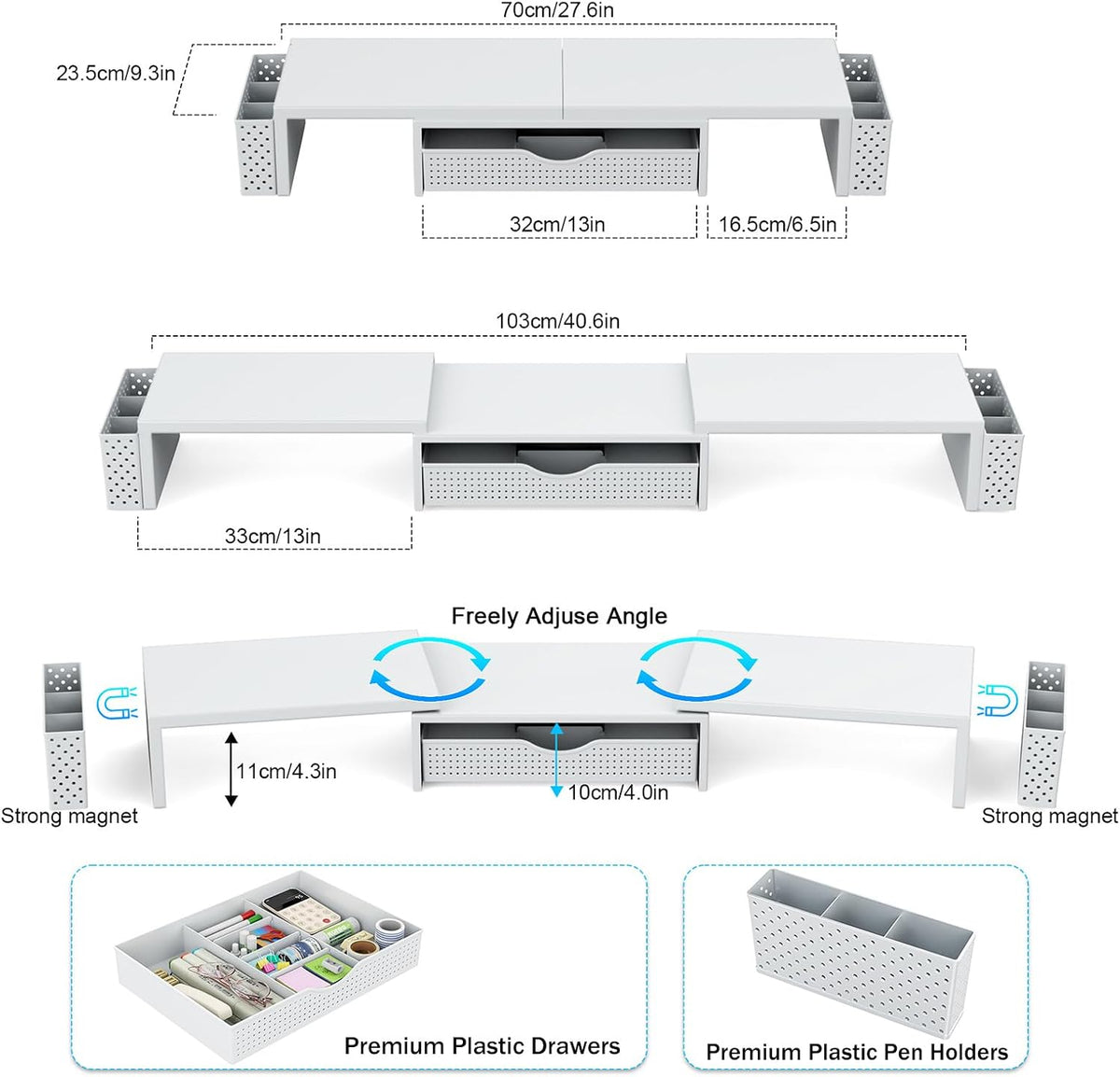 Dual Monitor Stand Riser with Drawer and 2 Pen Holders