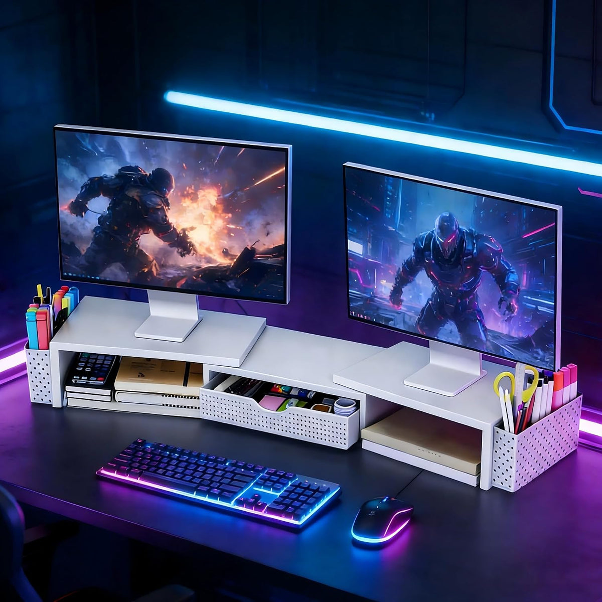 Dual Monitor Stand Riser with Drawer and 2 Pen Holders