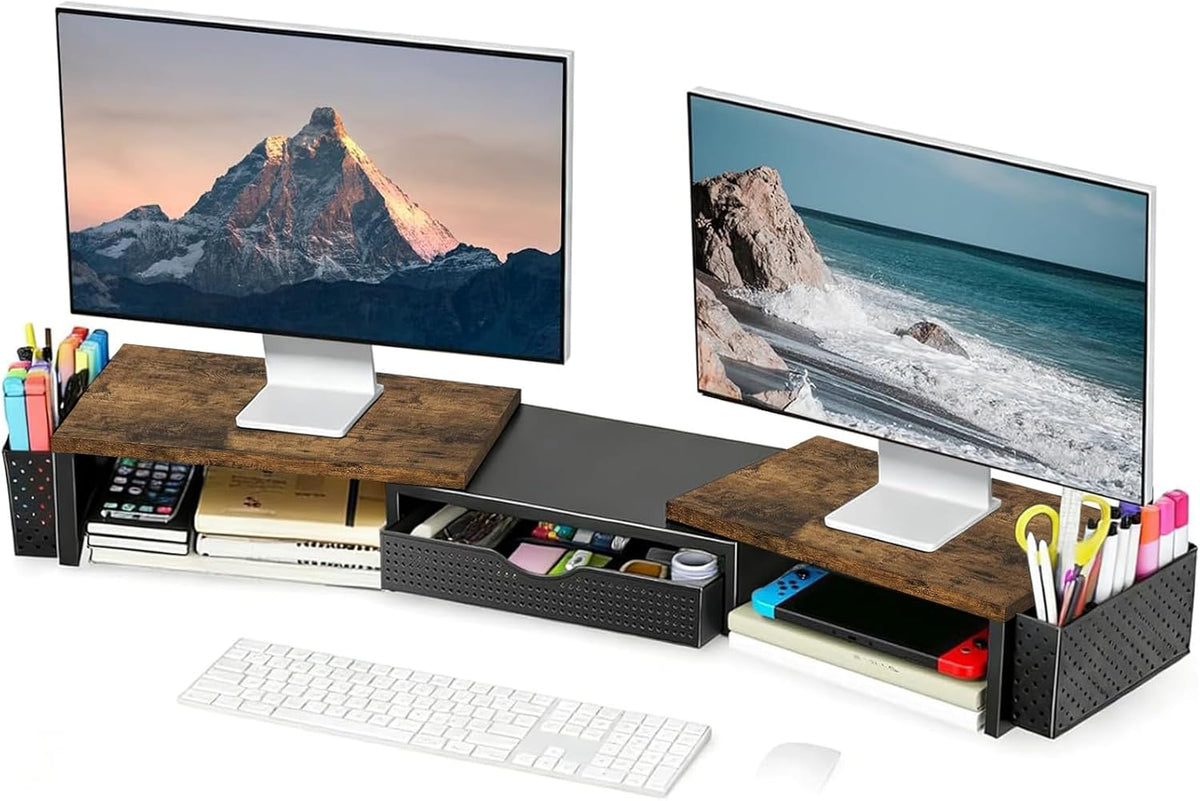 Dual Monitor Stand Riser with Drawer and 2 Pen Holders
