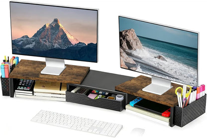 Dual Monitor Stand Riser with Drawer and 2 Pen Holders