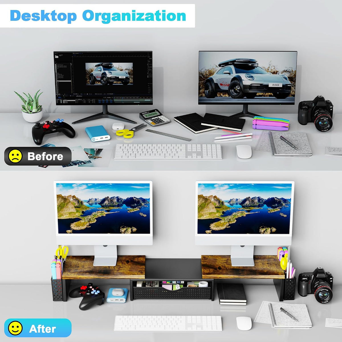 Dual Monitor Stand Riser with Drawer and 2 Pen Holders