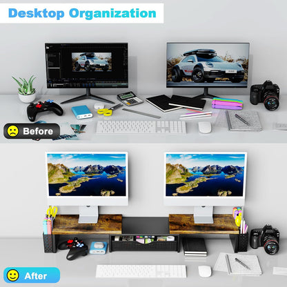 Dual Monitor Stand Riser with Drawer and 2 Pen Holders