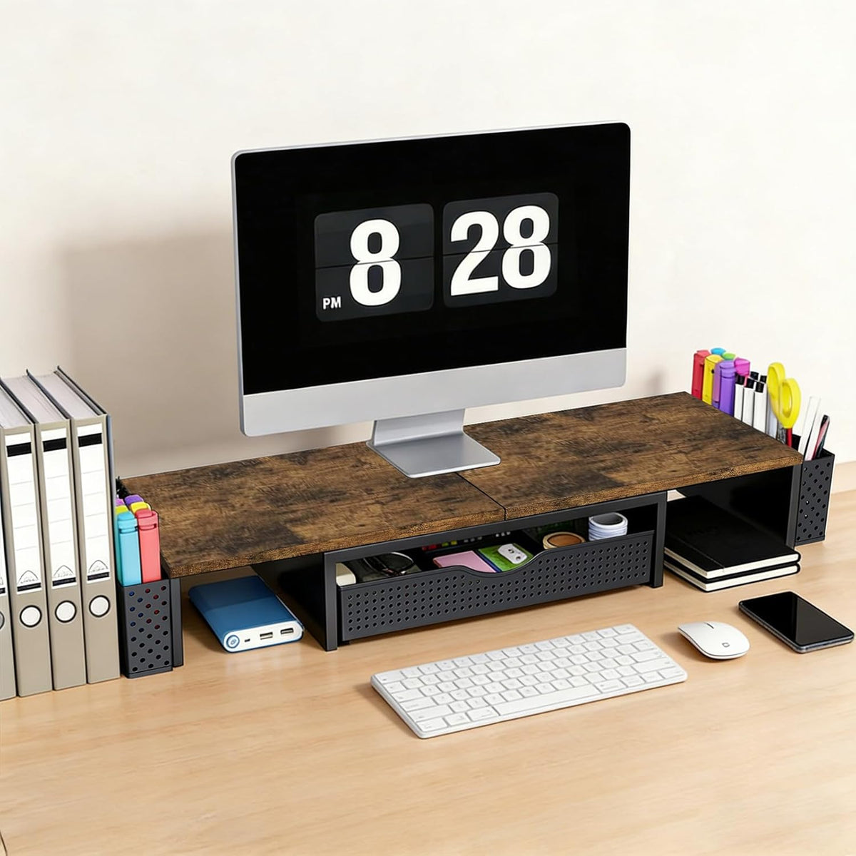 Dual Monitor Stand Riser with Drawer and 2 Pen Holders