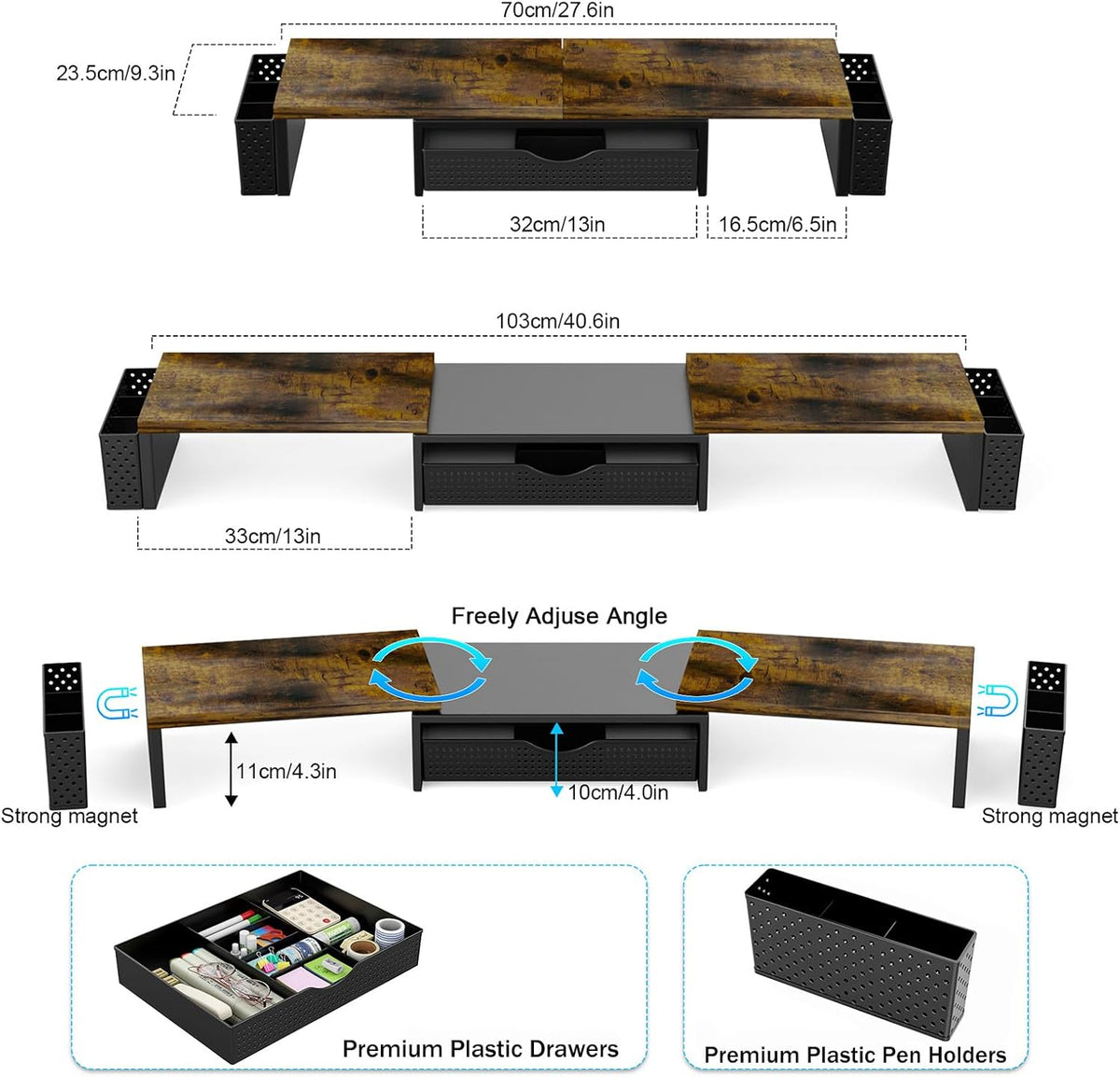Dual Monitor Stand Riser with Drawer and 2 Pen Holders