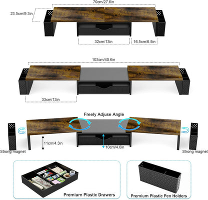 Dual Monitor Stand Riser with Drawer and 2 Pen Holders