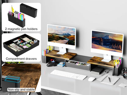 Dual Monitor Stand Riser with Drawer and 2 Pen Holders